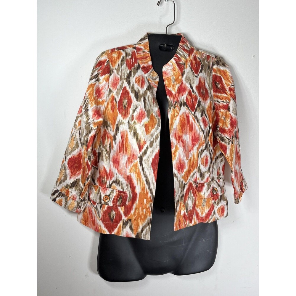 Chico's Jacket Womens Size M 1 Multicolor Ikat Cotton Linen 3/4 Sleeve Collared